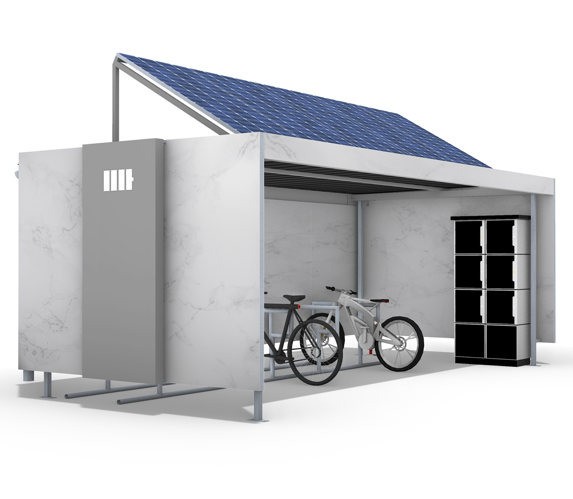 Abri à vélos en crépi avec panneaux solaires de Remotec - Construction solaire avec dibond